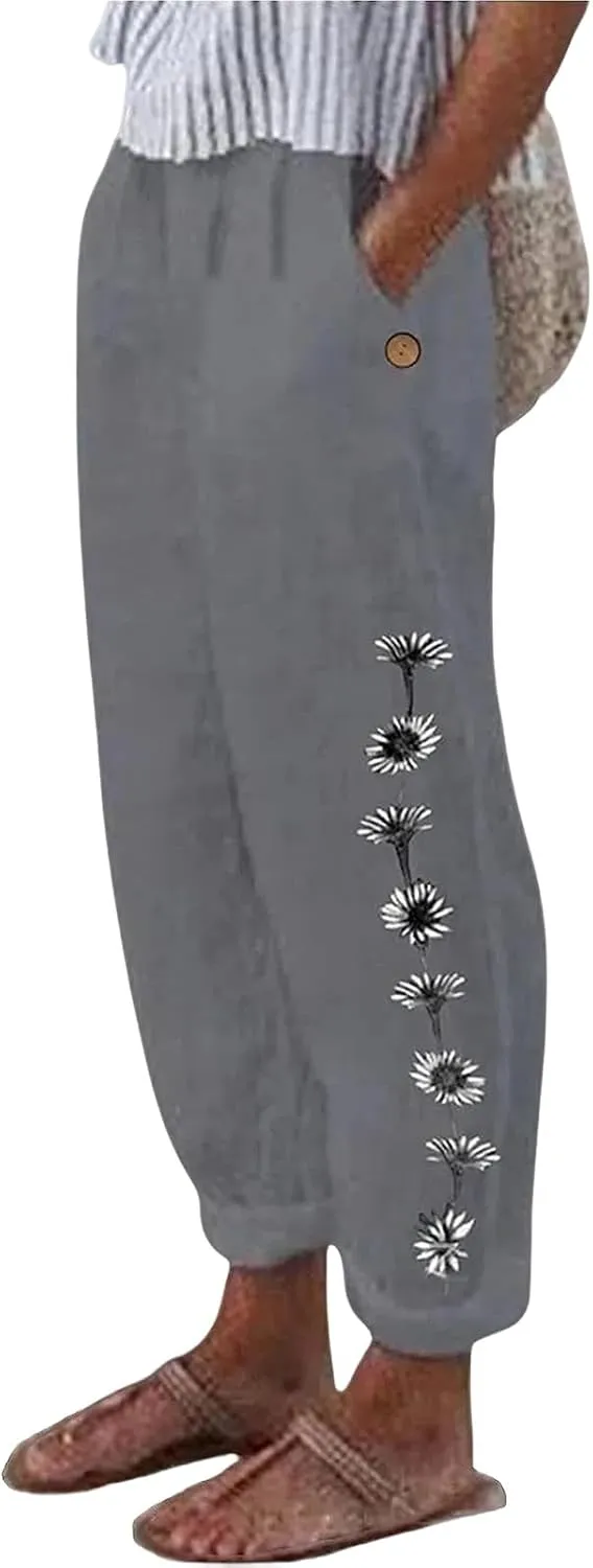 Kubbon Women's Linen Pants High Waisted Wide Leg Sweatpants Casual Lightweight Loose Elastic Waist Trousers with Pockets