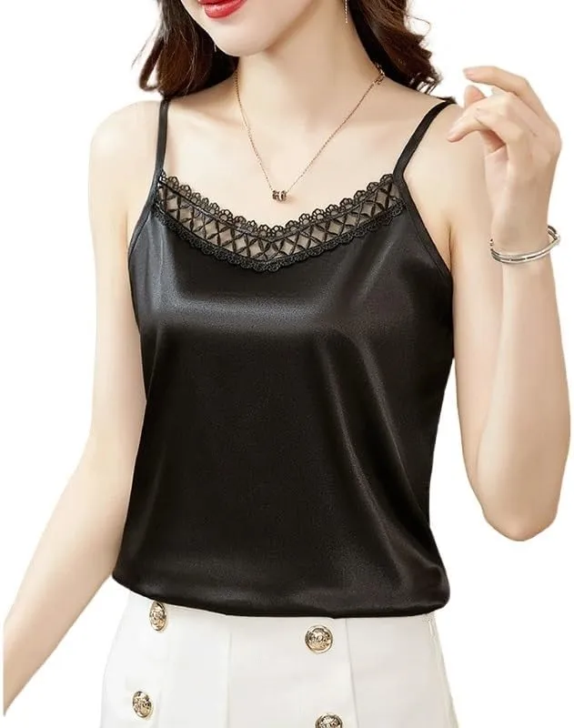 Lace Camisole Women's Suit Inner Satin Base Shirt Large Size Outer Sleeveless Top(E,XXXX-Large)