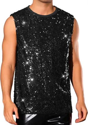 Lars Amadeus Sequin Tank Top for Men's Glitter Sleeveless Tee Disco Party Sparkly Metallic Vest