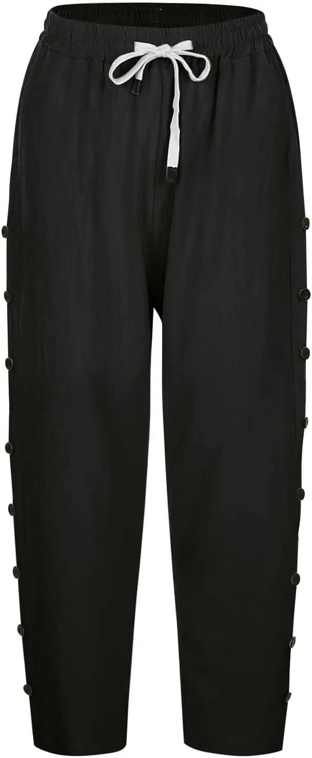 Lastesso Capri Pants for Women Basic Solid Summer Boho Lounge Trousers with Pocket Loose Comfy Drawstring Vacation Outfits