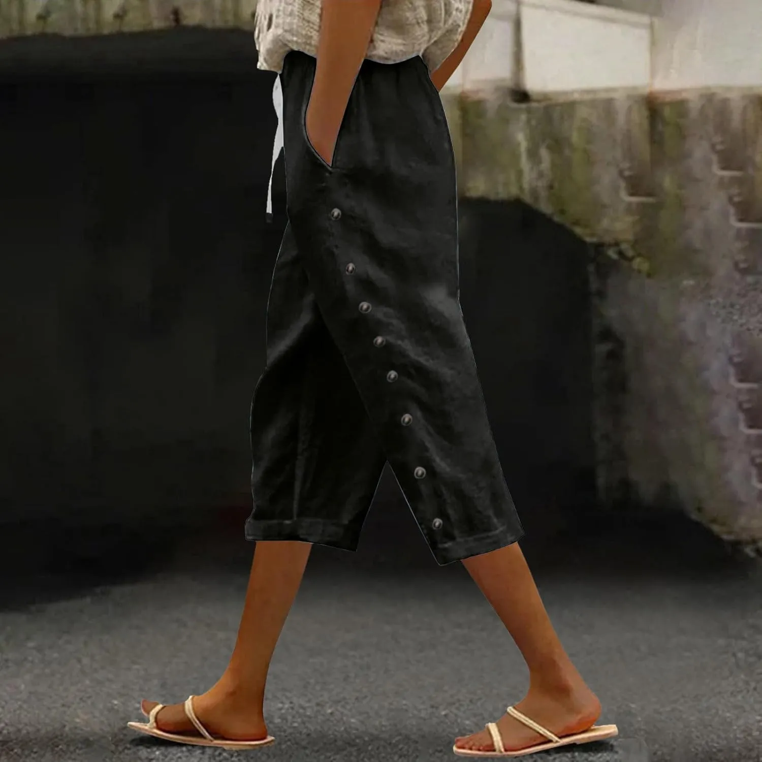 Lastesso Capri Pants for Women Basic Solid Summer Boho Lounge Trousers with Pocket Loose Comfy Drawstring Vacation Outfits