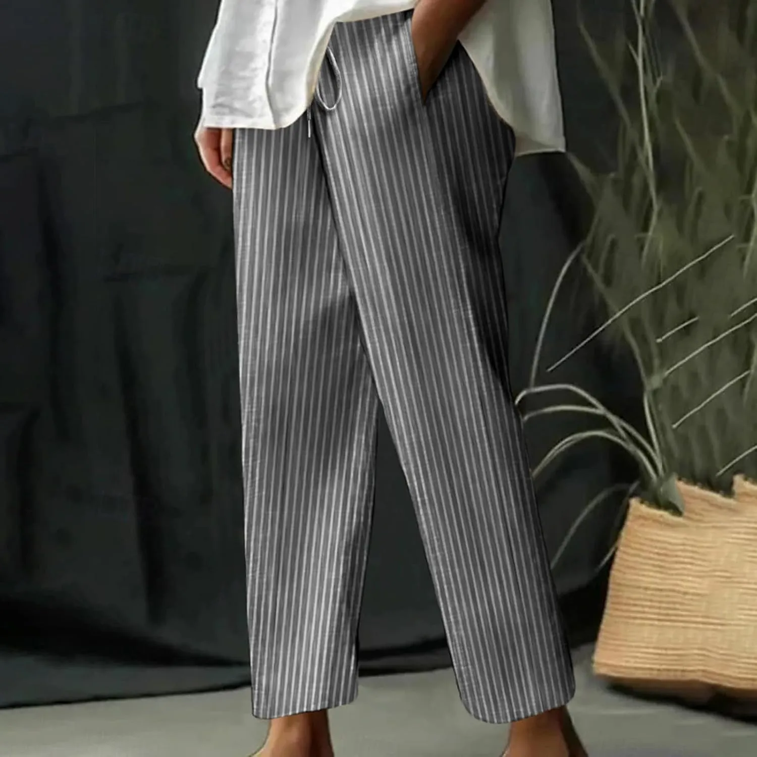 Lastesso Linen Pants Women Vertical Stripe High Waist Drawstring Trousers with Pockets Soft Color Block Summer Beach Clothes