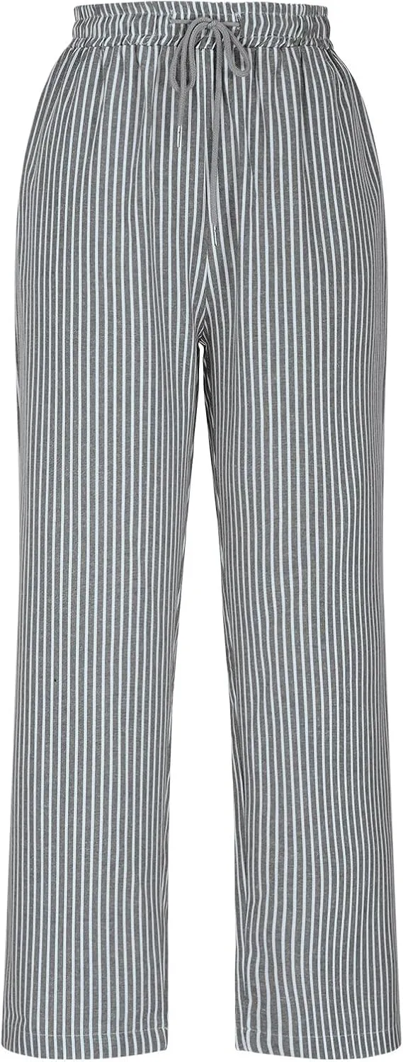 Lastesso Linen Pants Women Vertical Stripe High Waist Drawstring Trousers with Pockets Soft Color Block Summer Beach Clothes