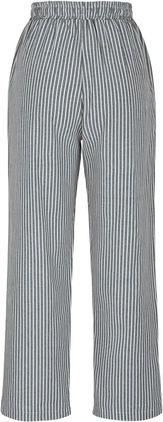 Lastesso Linen Pants Women Vertical Stripe High Waist Drawstring Trousers with Pockets Soft Color Block Summer Beach Clothes