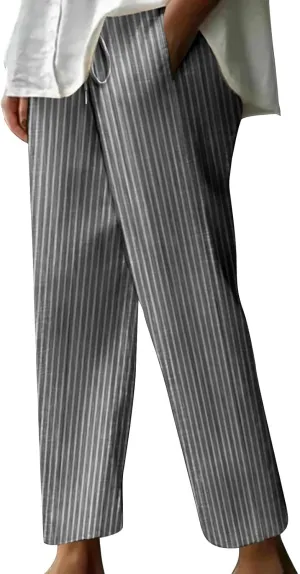 Lastesso Linen Pants Women Vertical Stripe High Waist Drawstring Trousers with Pockets Soft Color Block Summer Beach Clothes