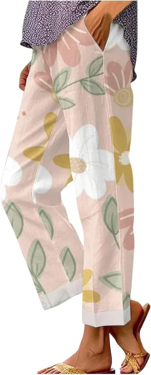LCMTWX Women Linen Pants Solid Elastic Pants Long Drawstring Linen Women Waist Cotton Casual Pants High Waisted Trousers