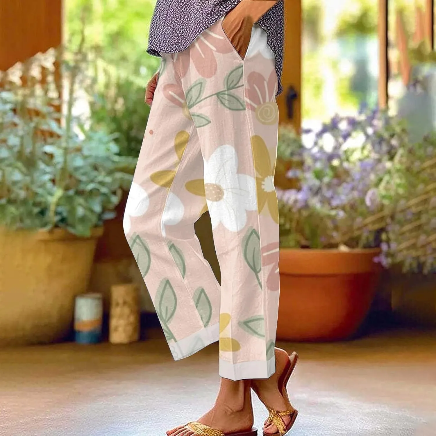 LCMTWX Women Linen Pants Solid Elastic Pants Long Drawstring Linen Women Waist Cotton Casual Pants High Waisted Trousers