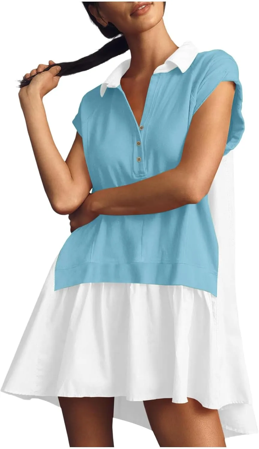 LEMONONSTORE Summer T Shirt Dress for Women Roll-Up Sleeve Ruffle Tunic Dress Button Lapel Neck Patchwork Party Mini Dresses