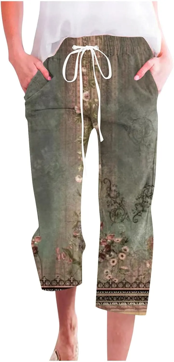 Lightweight Summer Pants Women Casual Cotton Linen Cropped Pants Elastic Waist Drawstring Ethnic Floral Capris Trousers Army Green