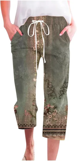 Lightweight Summer Pants Women Casual Cotton Linen Cropped Pants Elastic Waist Drawstring Ethnic Floral Capris Trousers Army Green