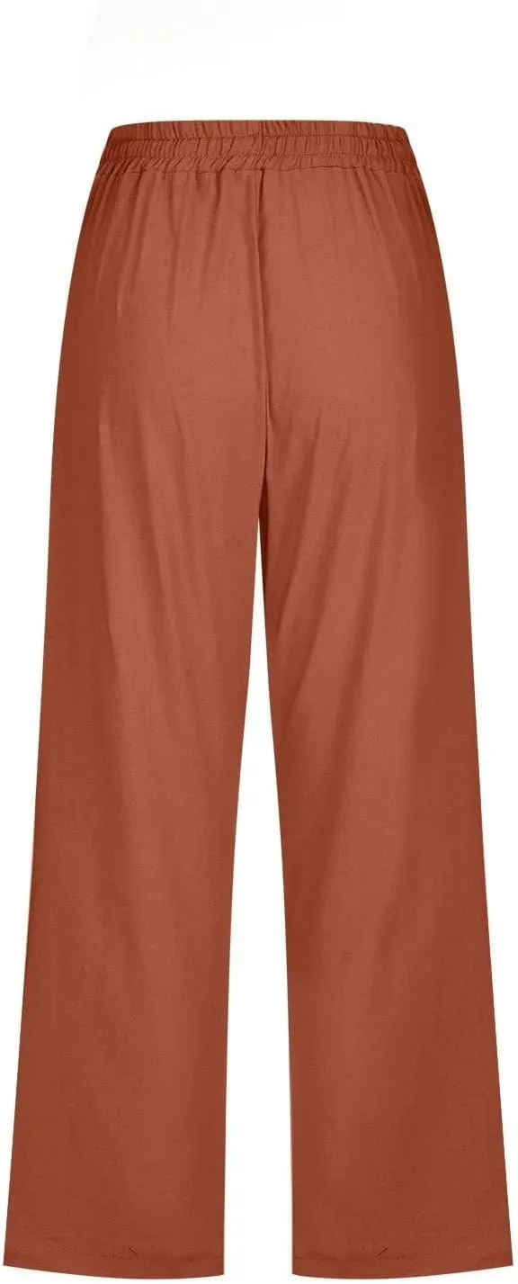 Linen Capris for Women 2024 Summer Drawstring Elastic Waist Capri Pants Wide Leg Cropped Beach Trousers with Pockets