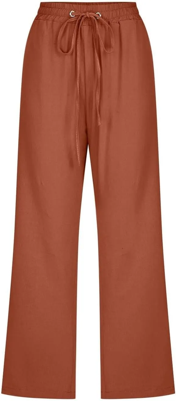 Linen Capris for Women 2024 Summer Drawstring Elastic Waist Capri Pants Wide Leg Cropped Beach Trousers with Pockets