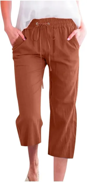 Linen Capris for Women 2024 Summer Drawstring Elastic Waist Capri Pants Wide Leg Cropped Beach Trousers with Pockets