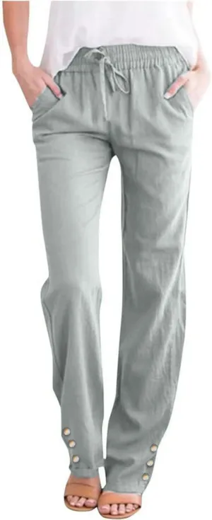 Linen Capris for Women Elastic Pants Long Drawstring Linen Women Waist Cotton Casual Side Button Casual Cropped