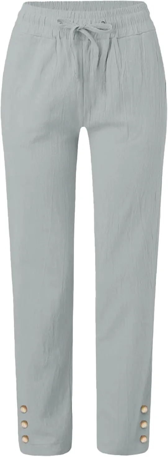 Linen Capris for Women Elastic Pants Long Drawstring Linen Women Waist Cotton Casual Side Button Casual Cropped