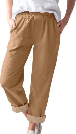 Linen Casual Summer Capri Pants Cropped Comfy Baggy Trousers with Pockets Palazzo Lounge Cropped Tapered Leg Pant