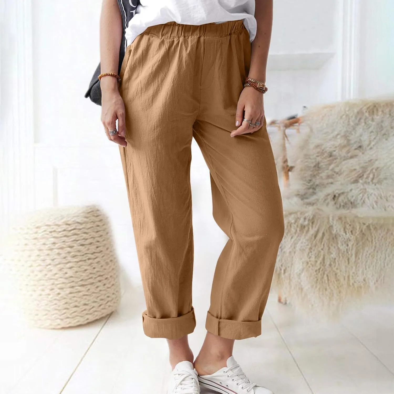 Linen Casual Summer Capri Pants Cropped Comfy Baggy Trousers with Pockets Palazzo Lounge Cropped Tapered Leg Pant
