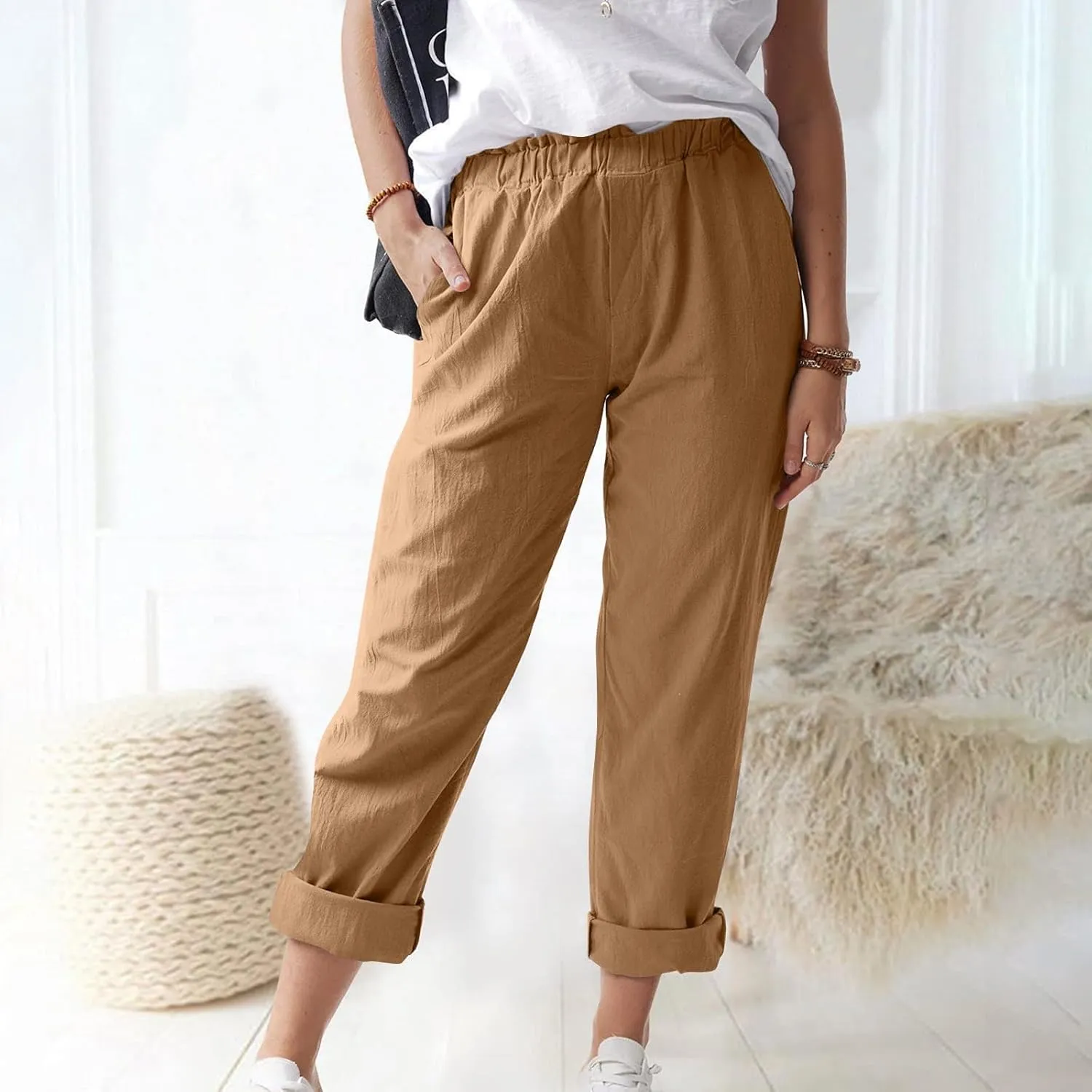 Linen Casual Summer Capri Pants Cropped Comfy Baggy Trousers with Pockets Palazzo Lounge Cropped Tapered Leg Pant