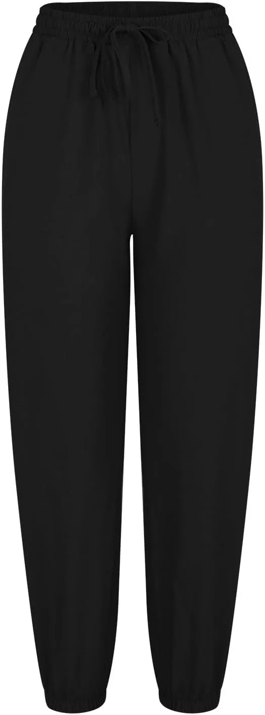 Linen Cropped Pants for Women Summer Elastic Waist Straight Leg Pants Plus Size Casual Beach Trousers