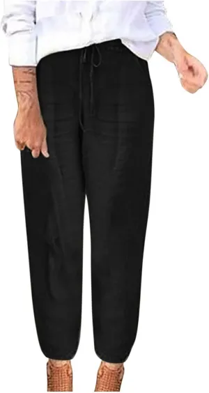 Linen Cropped Pants for Women Summer Elastic Waist Straight Leg Pants Plus Size Casual Beach Trousers