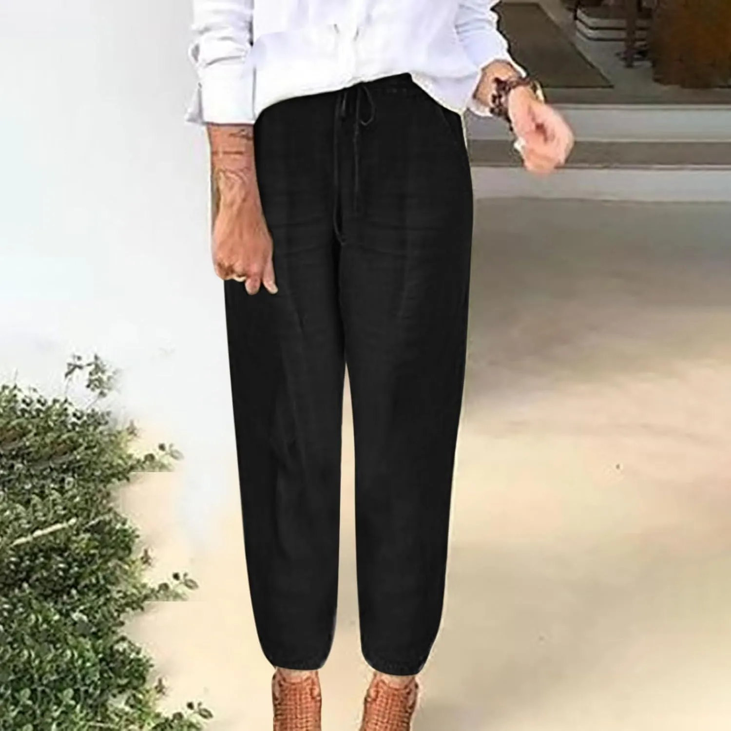 Linen Cropped Pants for Women Summer Elastic Waist Straight Leg Pants Plus Size Casual Beach Trousers