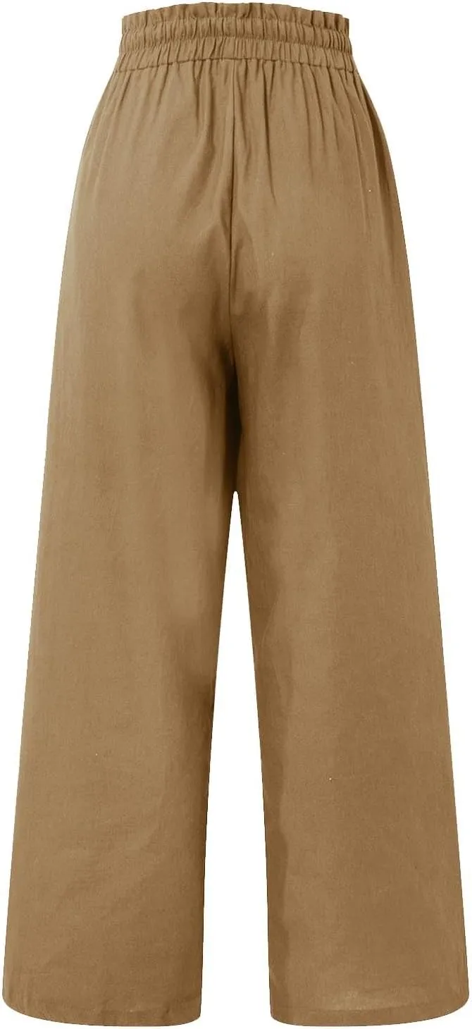 Linen Cropped Pants Women Drawstring High Waisted Boho Wide Leg Pants Summer Loose Paperbag Beach Pants with Pockets
