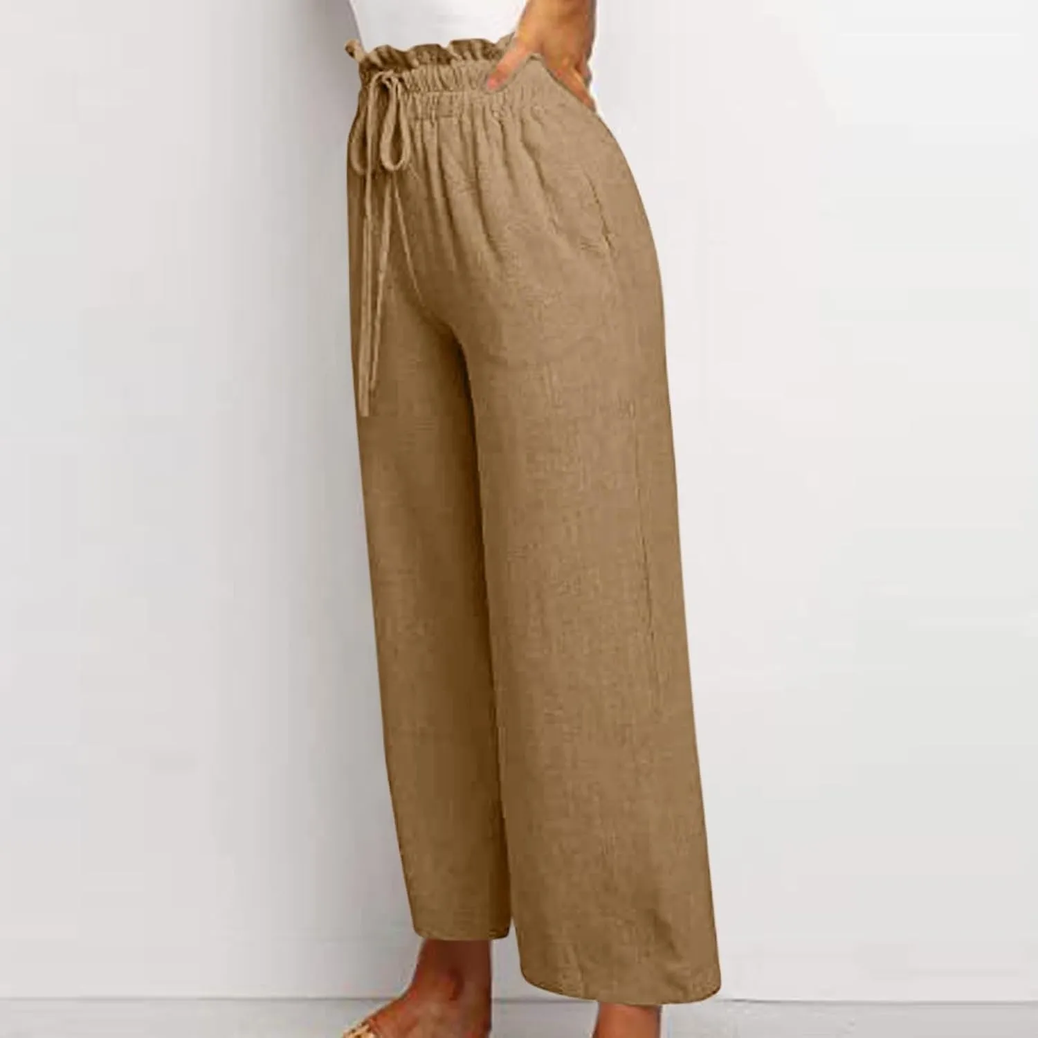 Linen Cropped Pants Women Drawstring High Waisted Boho Wide Leg Pants Summer Loose Paperbag Beach Pants with Pockets