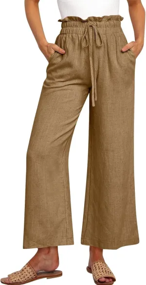 Linen Cropped Pants Women Drawstring High Waisted Boho Wide Leg Pants Summer Loose Paperbag Beach Pants with Pockets