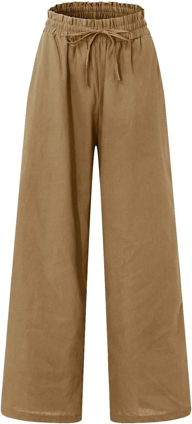 Linen Cropped Pants Women Drawstring High Waisted Boho Wide Leg Pants Summer Loose Paperbag Beach Pants with Pockets