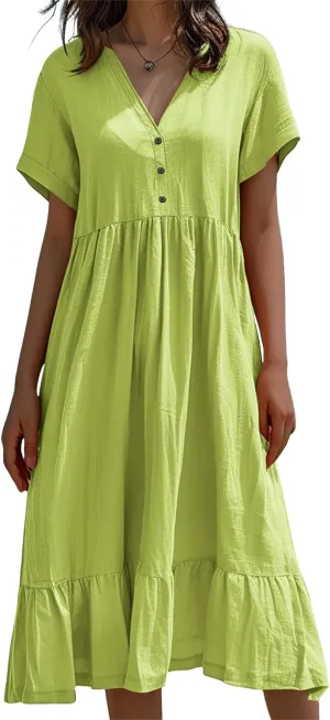 Linen Dress Women Short Sleeve V Neck Midi Dress Ruffle Flowy Beach Vacation Dresses Cute A Line Summer Dresses 2025