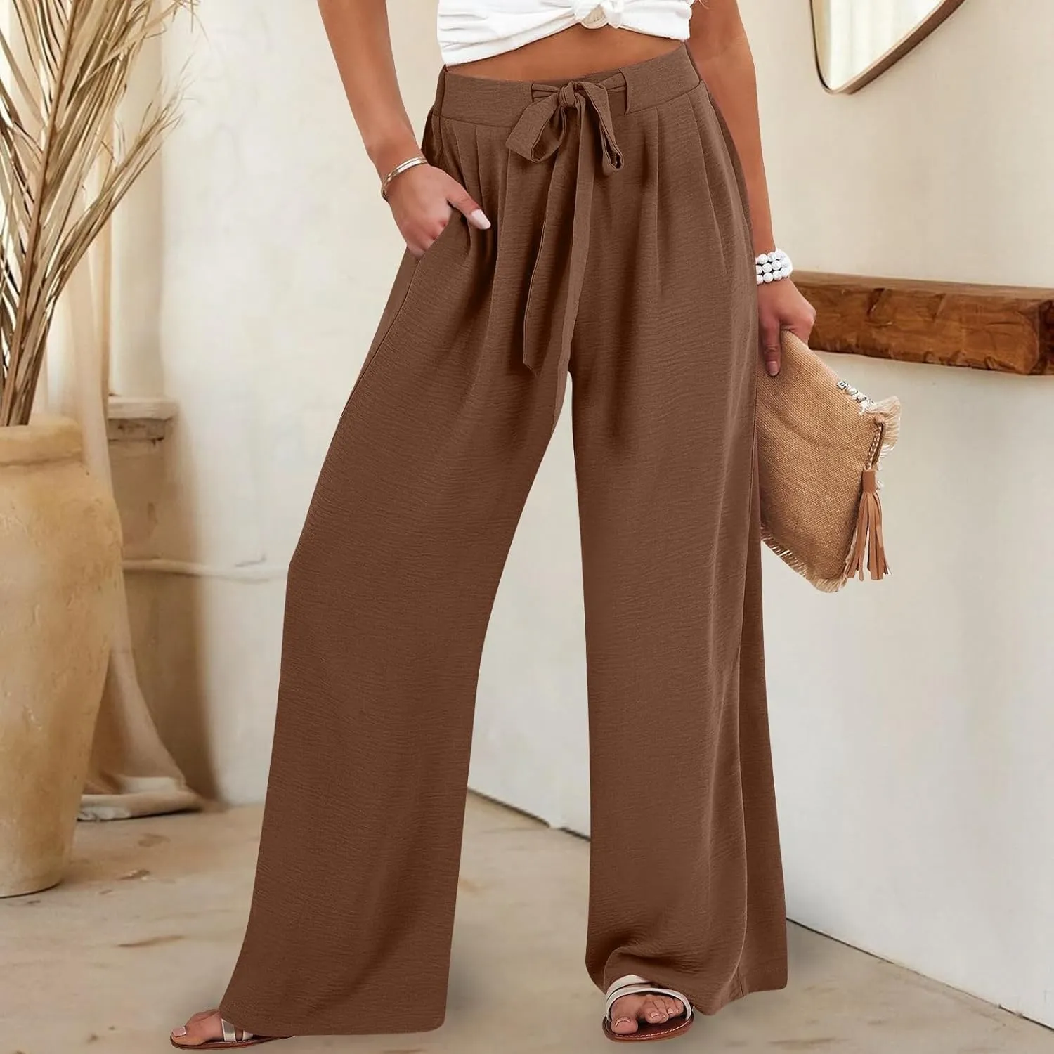 Linen Palazzo Pants for Women Flowy Wide Leg High Waist Drawstring Elastic Trousers with Pockets Lounge Baggy Pant
