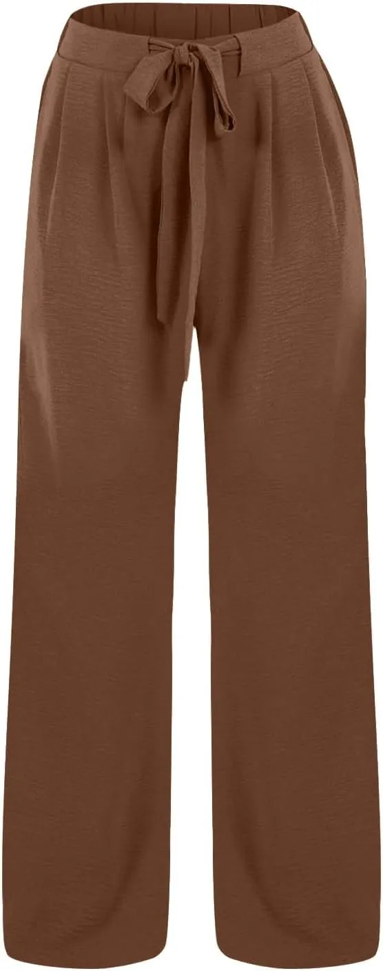 Linen Palazzo Pants for Women Flowy Wide Leg High Waist Drawstring Elastic Trousers with Pockets Lounge Baggy Pant
