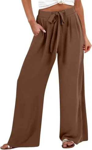 Linen Palazzo Pants for Women Flowy Wide Leg High Waist Drawstring Elastic Trousers with Pockets Lounge Baggy Pant