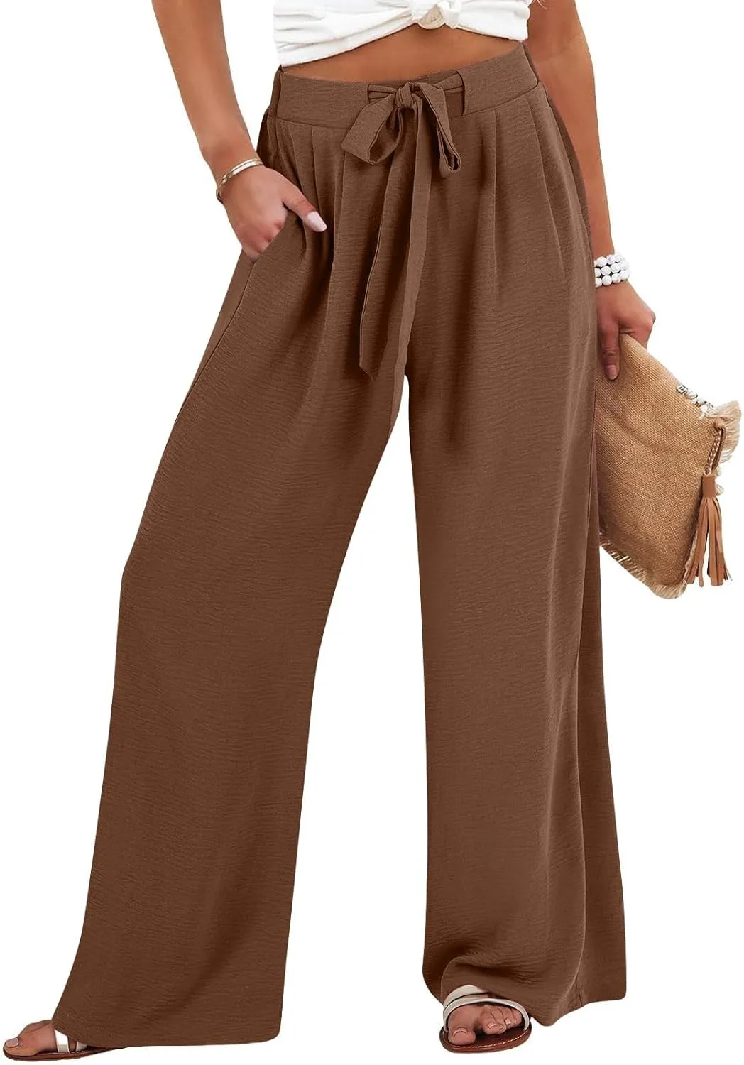 Linen Palazzo Pants for Women Flowy Wide Leg High Waist Drawstring Elastic Trousers with Pockets Lounge Baggy Pant