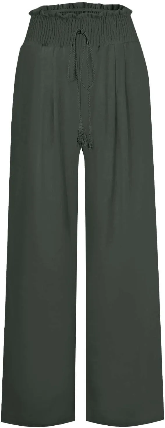 Linen Palazzo Pants Women Summer High Drawstring Waist Wide Leg Pants Linen Casual Beach Long Clothes with Pockets
