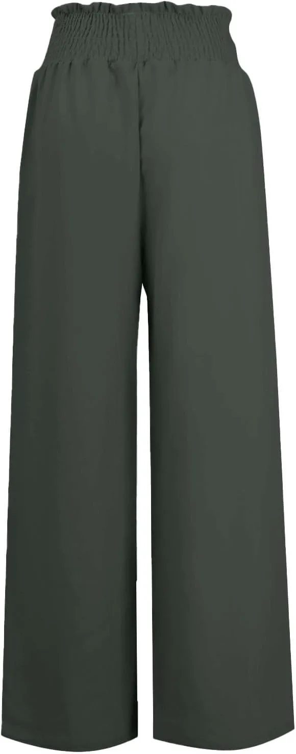 Linen Palazzo Pants Women Summer High Drawstring Waist Wide Leg Pants Linen Casual Beach Long Clothes with Pockets