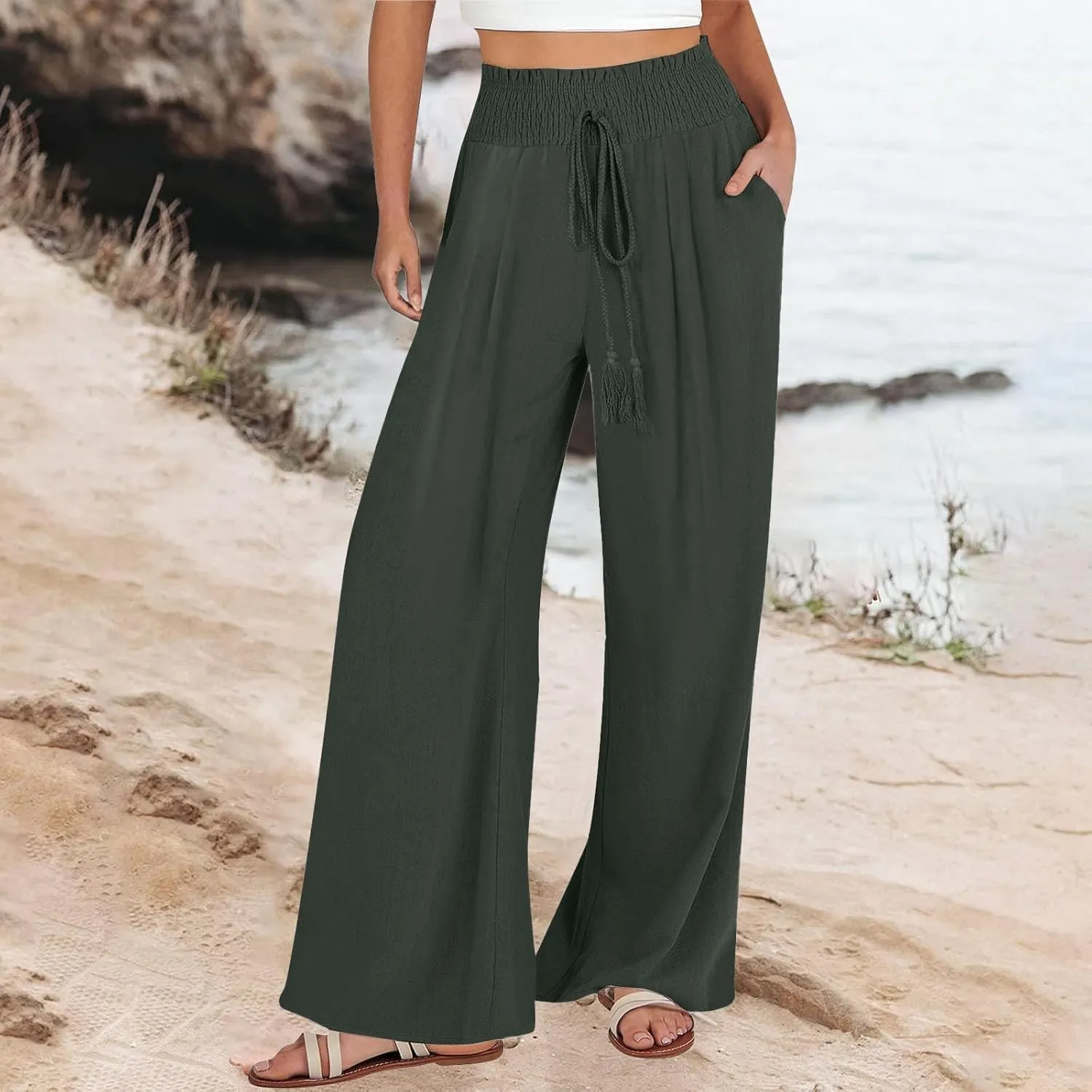 Linen Palazzo Pants Women Summer High Drawstring Waist Wide Leg Pants Linen Casual Beach Long Clothes with Pockets