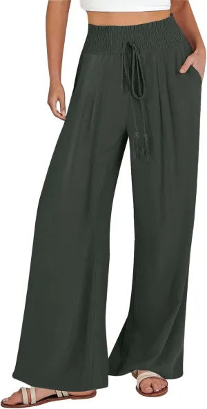 Linen Palazzo Pants Women Summer High Drawstring Waist Wide Leg Pants Linen Casual Beach Long Clothes with Pockets