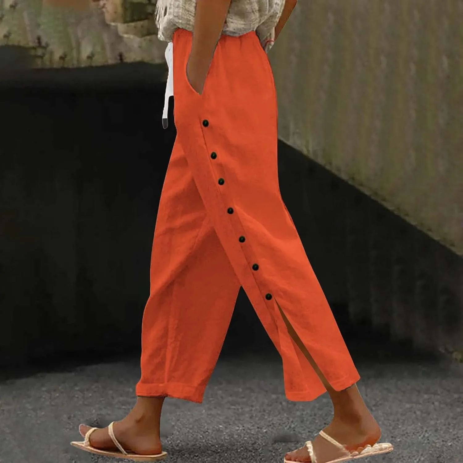Linen Pants for Women 2025 Summer Casual High Waist Elastic Straight Leg Lounge Pant Loose Lightweight Beach Trousers