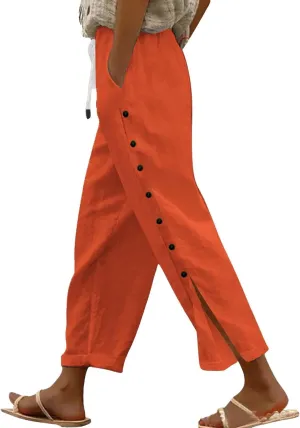 Linen Pants for Women 2025 Summer Casual High Waist Elastic Straight Leg Lounge Pant Loose Lightweight Beach Trousers