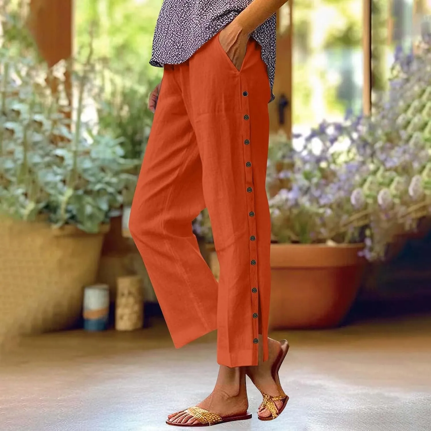 Linen Pants for Women 2025 Summer Casual High Waist Elastic Straight Leg Lounge Pant Loose Lightweight Beach Trousers