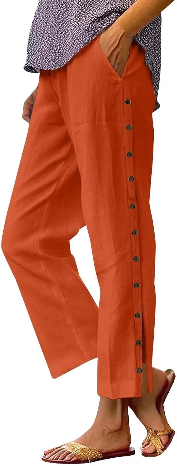 Linen Pants for Women 2025 Summer Casual High Waist Elastic Straight Leg Lounge Pant Loose Lightweight Beach Trousers