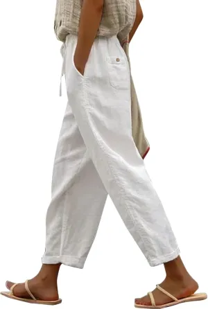Linen Pants for Women 2025 Summer Straight Leg High Waist Elastic Lounge Pant Casual Baggy Lightweight Beach Trousers