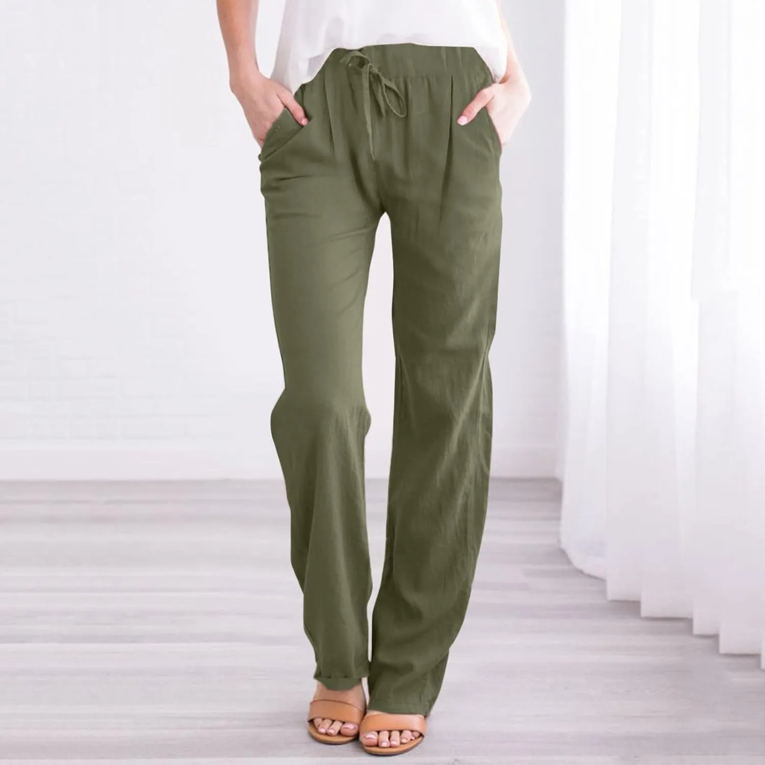 Linen Pants for Women Beach Vacation Elastic Waist Drawstring Trousers Pant Gauze Loose 2025 Casual Summer Clothes