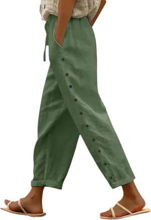 Linen Pants for Women Side Button Summer Trendy Vacation Elastic Waist Straight Leg Capris Casual Cropped Trousers