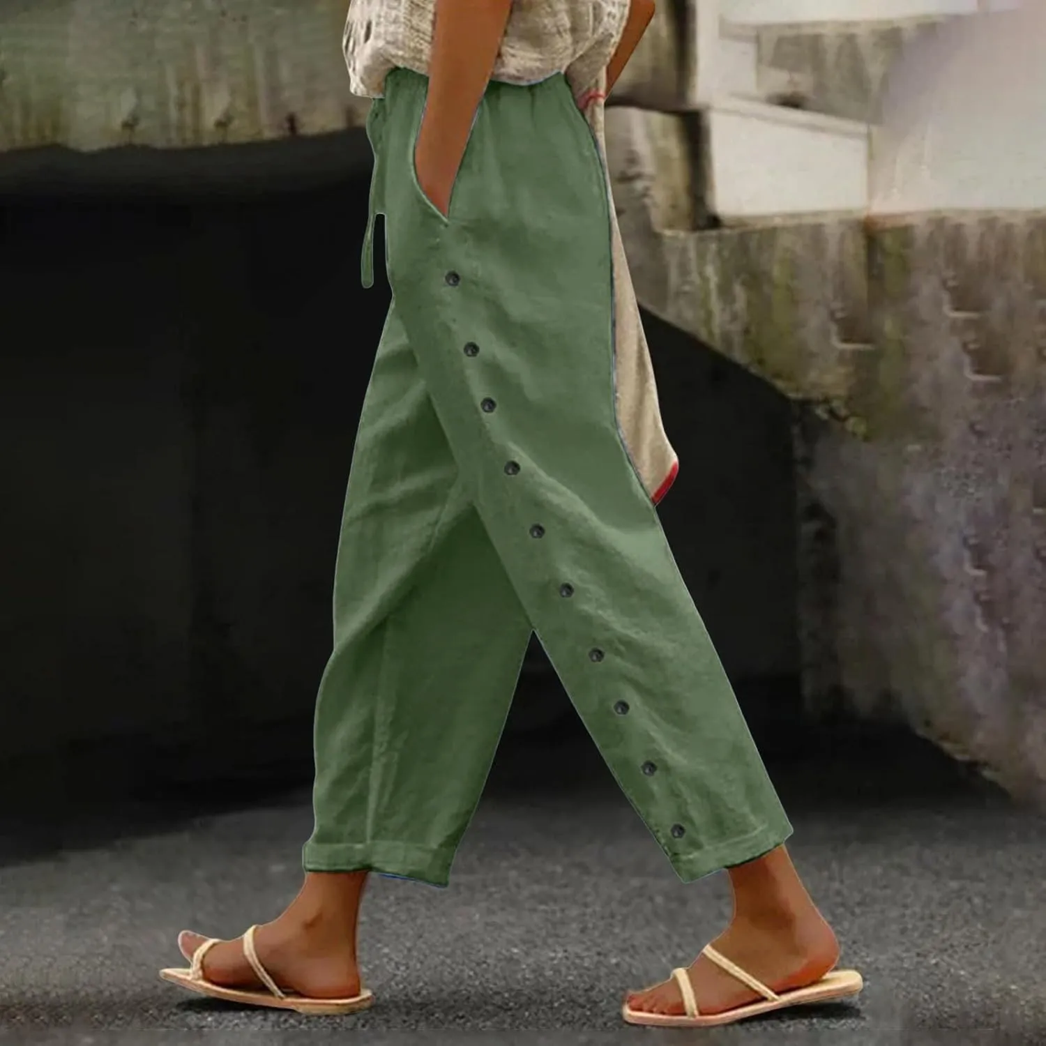 Linen Pants for Women Side Button Summer Trendy Vacation Elastic Waist Straight Leg Capris Casual Cropped Trousers