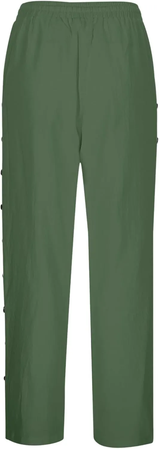 Linen Pants for Women Side Button Summer Trendy Vacation Elastic Waist Straight Leg Capris Casual Cropped Trousers