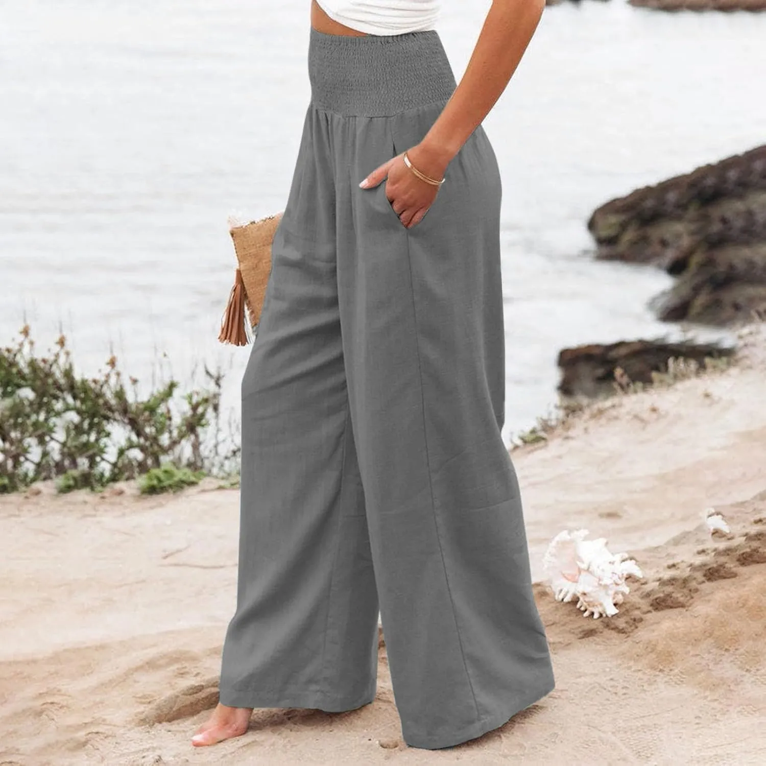 Linen Pants for Women Wide Leg High Waisted Palazzo 2024 Summer Beach Boho Smocked Trousers Lounge with Pockets