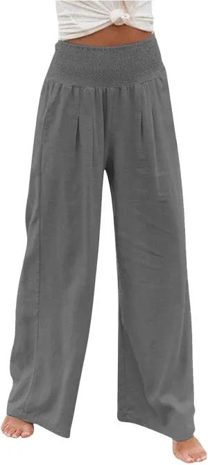 Linen Pants for Women Wide Leg High Waisted Palazzo 2024 Summer Beach Boho Smocked Trousers Lounge with Pockets