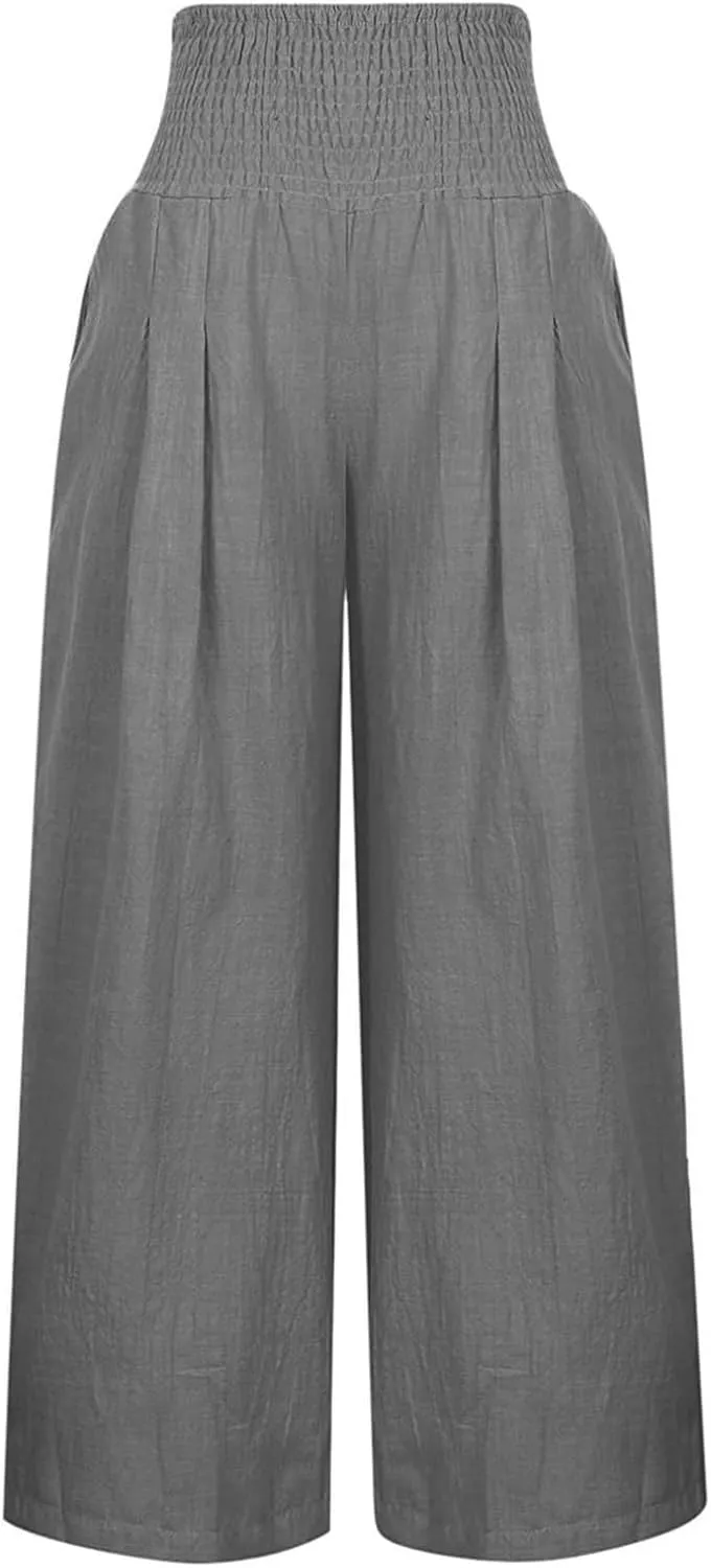 Linen Pants for Women Wide Leg High Waisted Palazzo 2024 Summer Beach Boho Smocked Trousers Lounge with Pockets